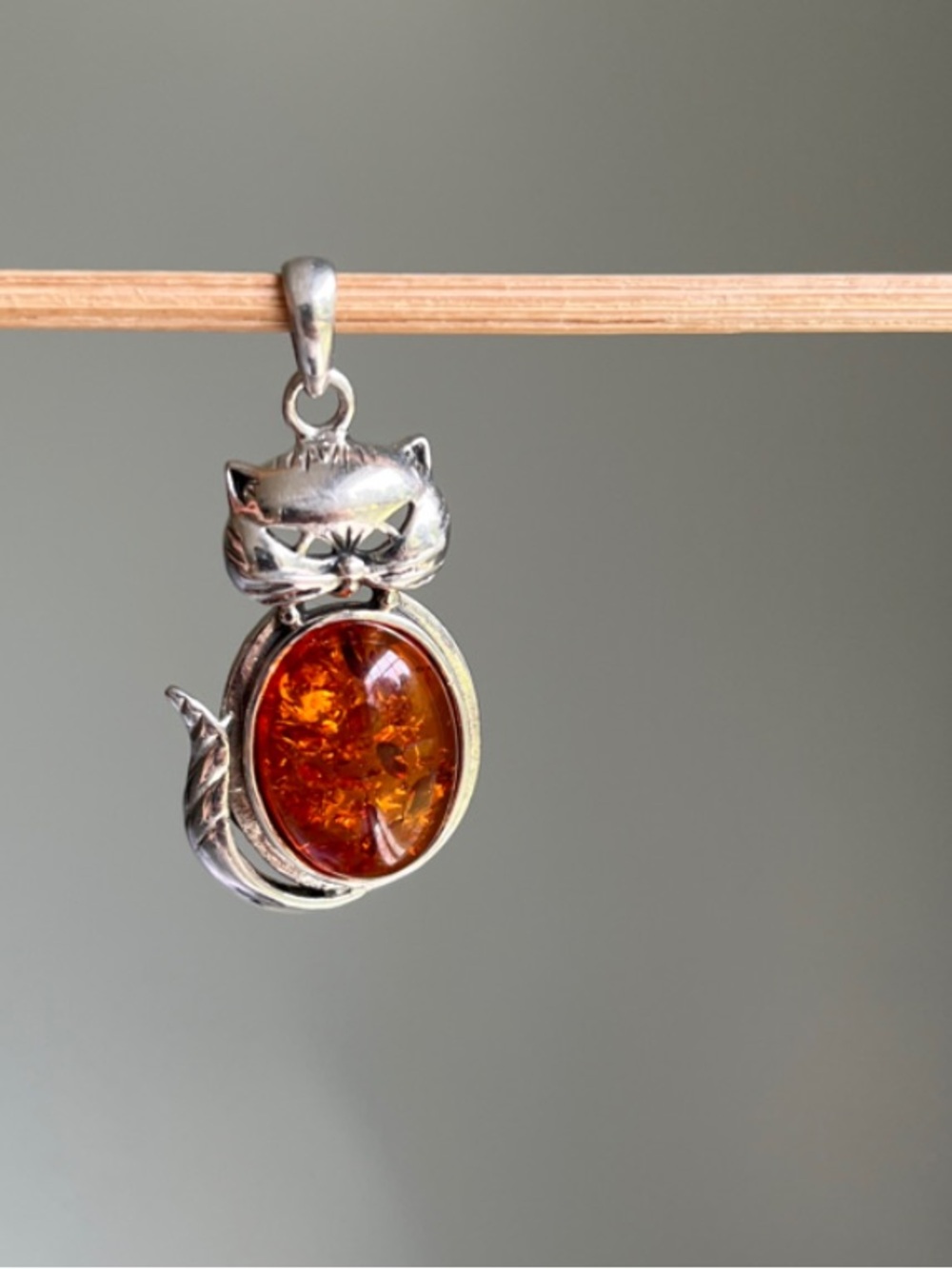 Sterling Silver Cat Pendant with Amber Stone - Brown